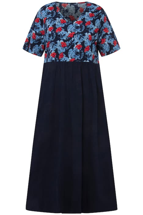 Žerzejové šaty, tropický vzor, kapsy, výstřih do V, krátké rukávy