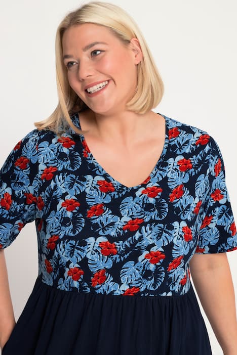 Jerseykleid, tropisches Muster, Taschen, V-Ausschnitt, Halbarm