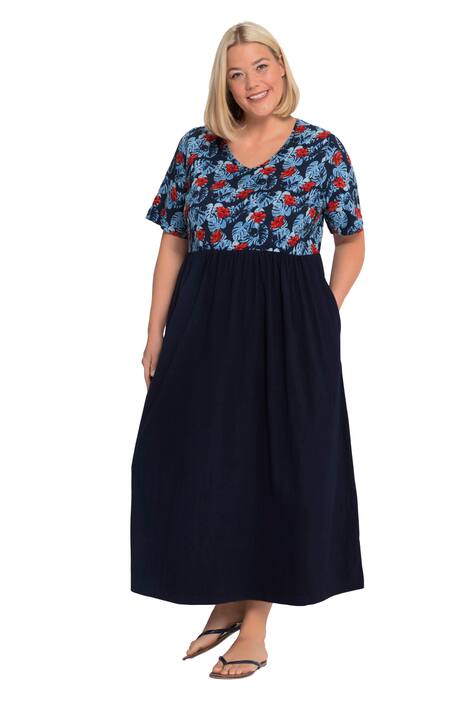 Žerzejové šaty, tropický vzor, kapsy, výstřih do V, krátké rukávy