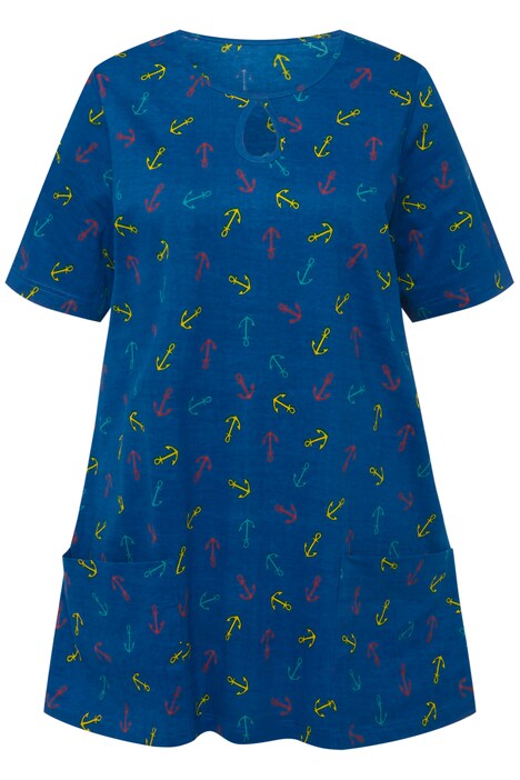 Dlouhé tričko, potisk kotvy, kapsy, tunikový výstřih, krátké rukávy