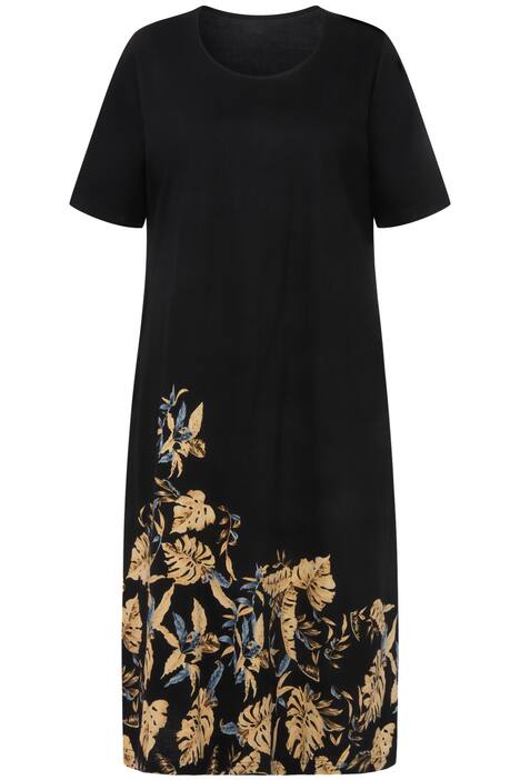 Žerzejové šaty, lístkový potisk, kapsy, kulatý výstřih, krátké rukávy