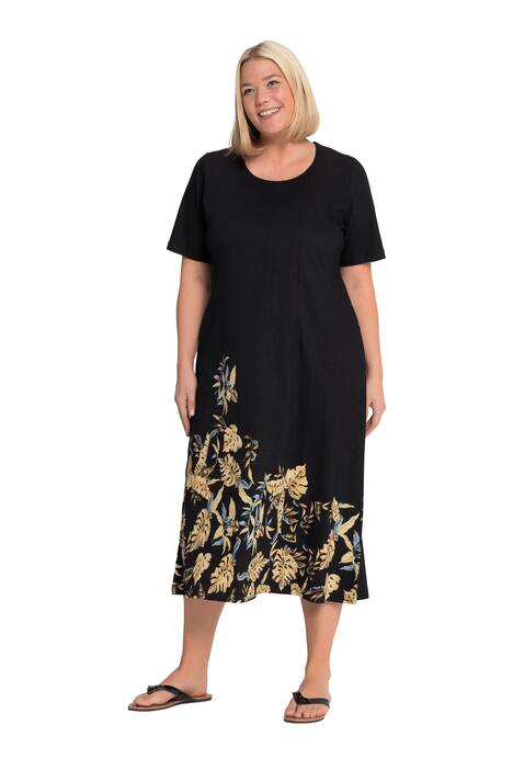 Žerzejové šaty, lístkový potisk, kapsy, kulatý výstřih, krátké rukávy