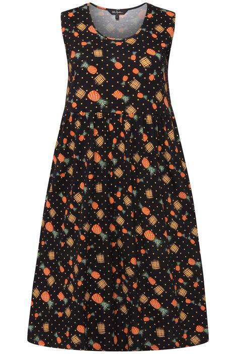 Žerzejové šaty, ananasový potisk, kapsy, empírový šev, kulatý výstřih, bez rukávů