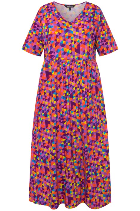 Žerzejové šaty, trojúhelníkový potisk, empírový šev, výstřih do V, krátké rukávy