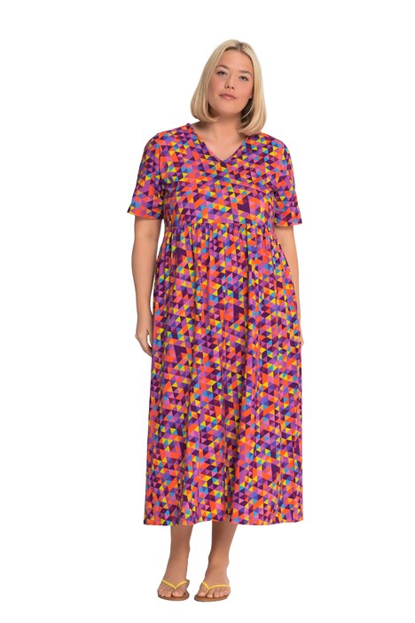 Žerzejové šaty, trojúhelníkový potisk, empírový šev, výstřih do V, krátké rukávy