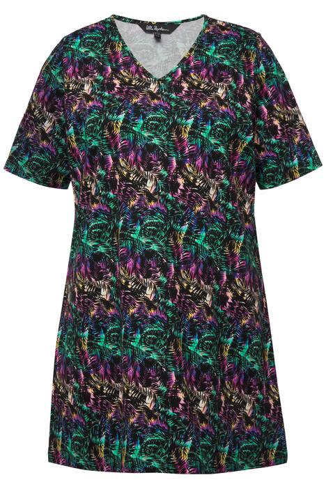 Dlouhé tričko, batikovaný vzor, výstřih do V, krátké rukávy