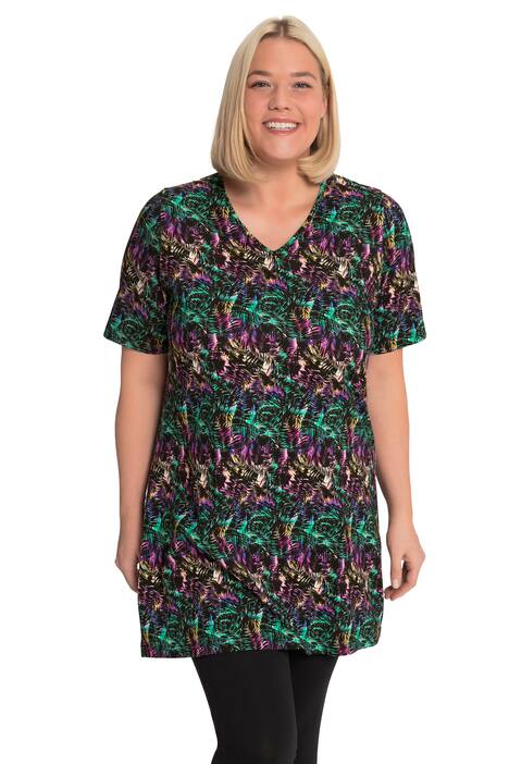 Dlouhé tričko, batikovaný vzor, výstřih do V, krátké rukávy