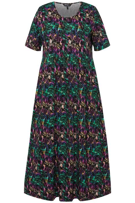 Žerzejové šaty, tropický potisk, empírový šev, kulatý výstřih, krátké rukávy