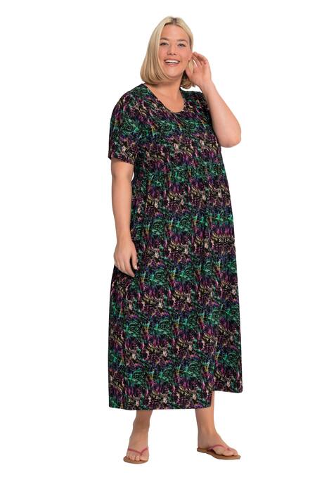 Žerzejové šaty, tropický potisk, empírový šev, kulatý výstřih, krátké rukávy