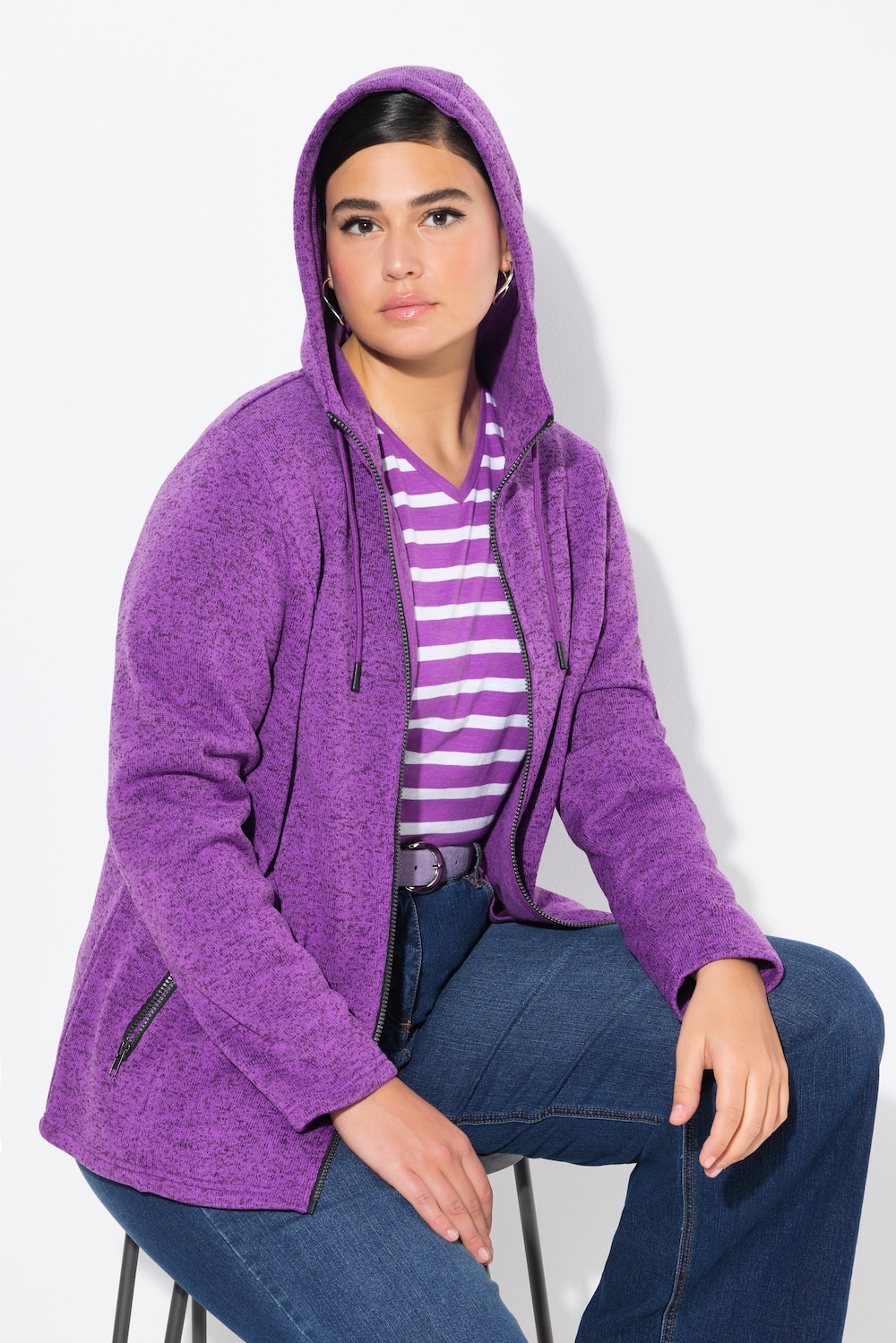 Große Größen Strickfleece-Jacke, Damen, lila, Größe: 58/60, Polyester, Ulla Popken