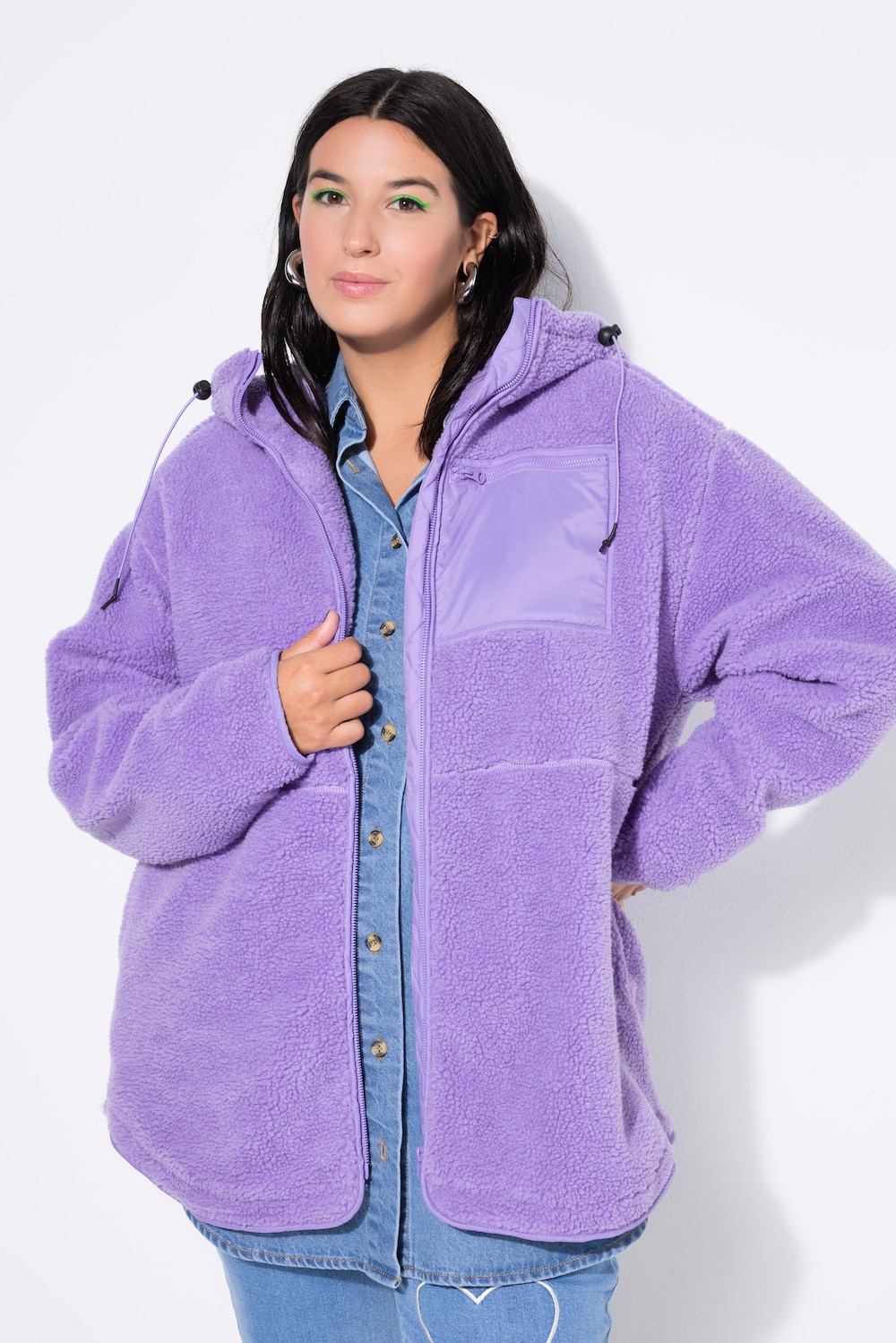 Teddyjacke, oversized, Kapuze, Langarm