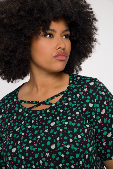 longline shirt, stippen, A-lijn, ronde hals, sierkoordjes, korte mouwen