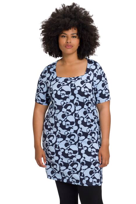 Dlouhé tričko, grafický vzor, hranatý výstřih, krátké rukávy