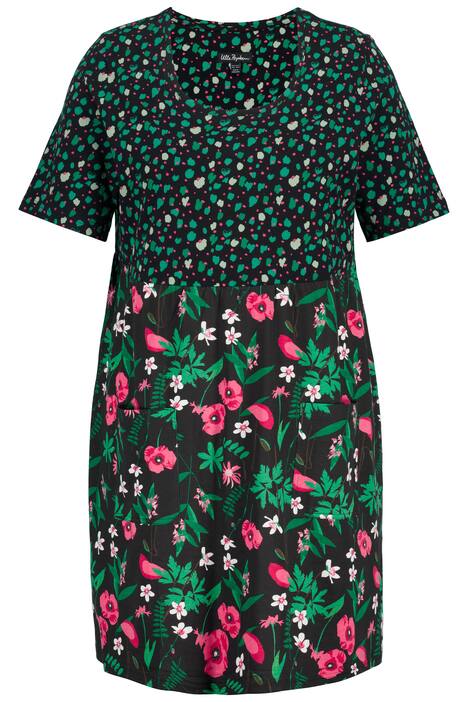 Dlouhé tričko, pačvork potisk, A střih, kulatý výstřih, krátké rukávy