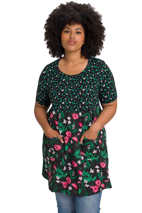 Dlouhé tričko, pačvork potisk, A střih, kulatý výstřih, krátké rukávy