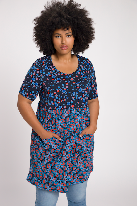 Two Print Round Neck A-line Fit Cotton Knit Tunic Dress