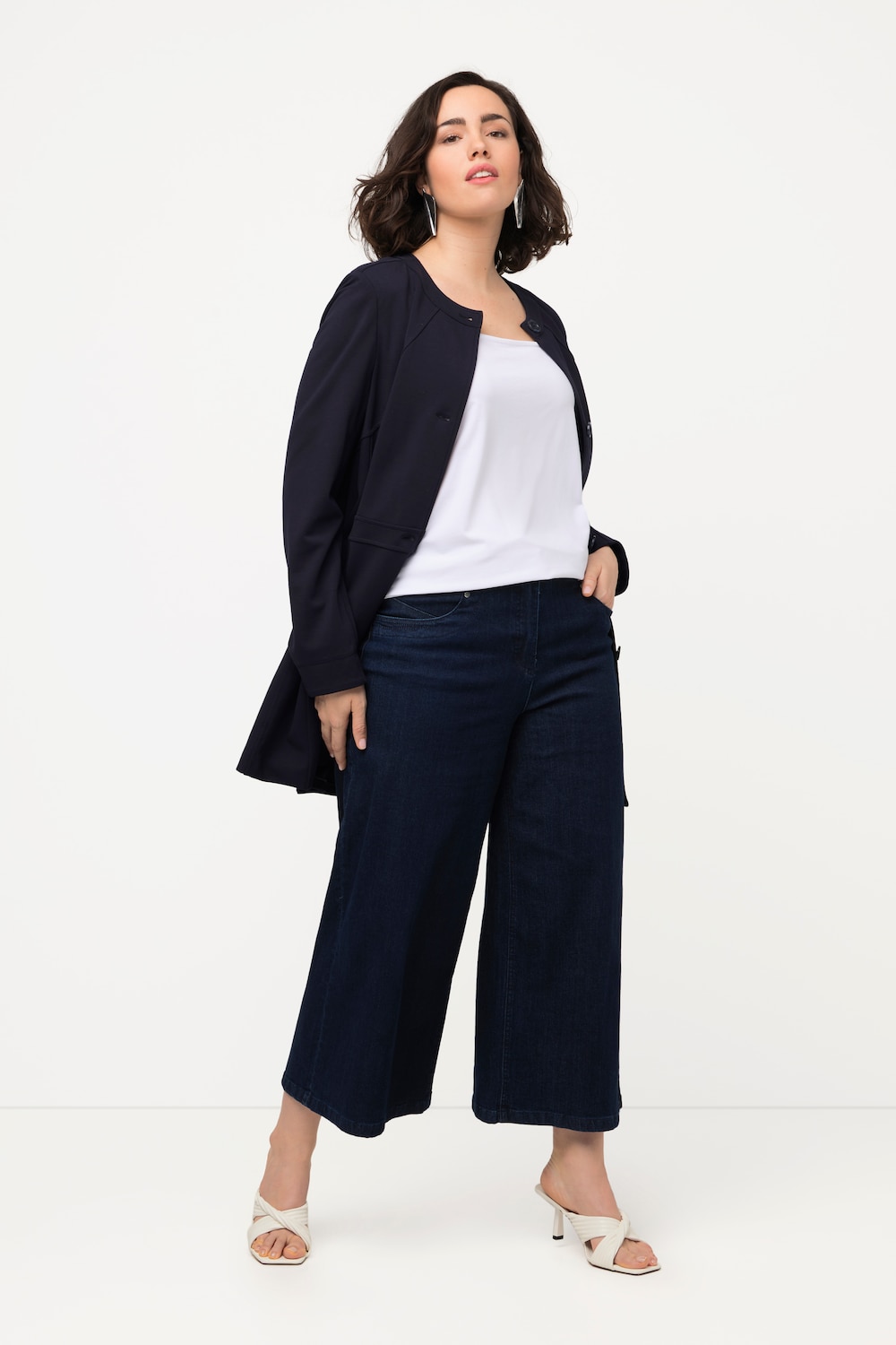 Grote Maten longline blazer, Dames, blauw, Maat: 46/48, Polyester/Viscose/Synthetische vezels, Ulla Popken