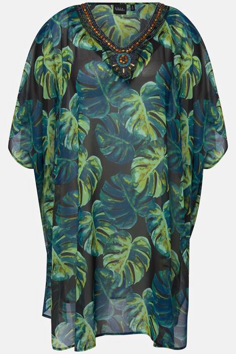 Tunika, liście palmy, bardzo szeroka, dekolt w szpic, rękaw 1/2