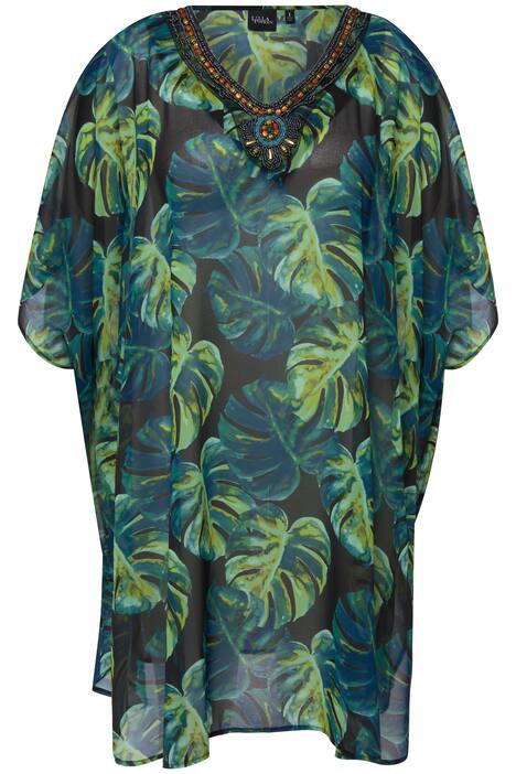 Tunika, palmové listy, extra široká, výstřih do V, krátké rukávy