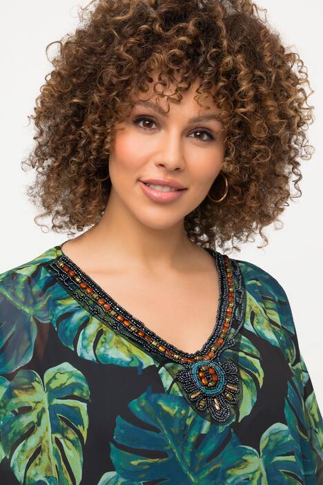 Tunika, liście palmy, bardzo szeroka, dekolt w szpic, rękaw 1/2