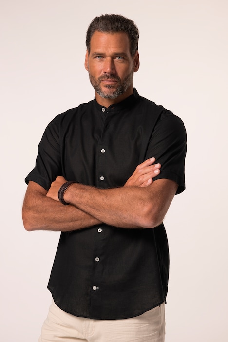 Shirt, short-sleeved, linen blend, stand-up collar, modern fit