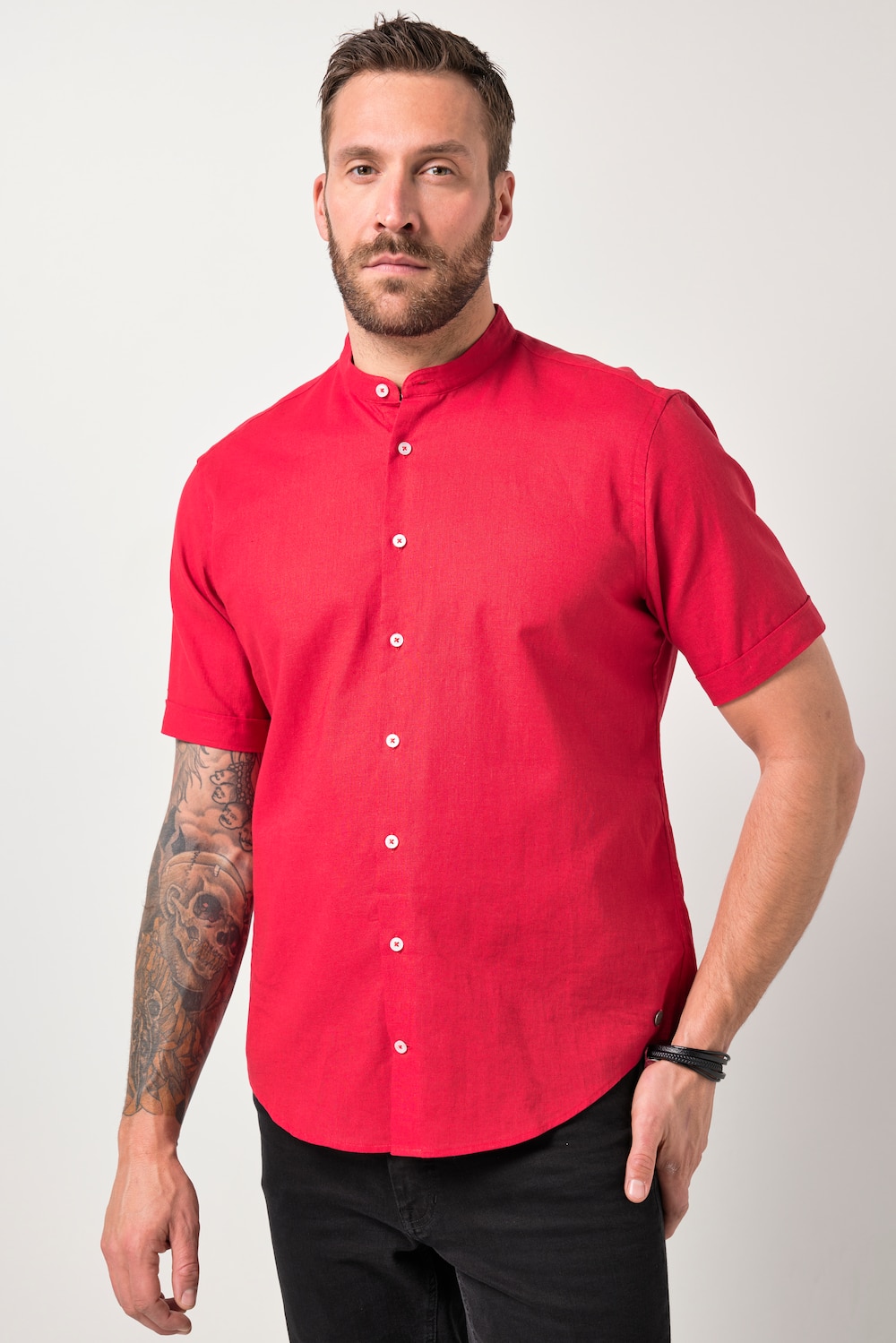 Skjorte, korte ærmer, hørmix, stående krave, Moderne pasform