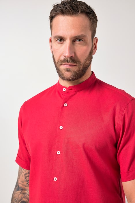 Skjorte, korte ærmer, hørmix, stående krave, Moderne pasform