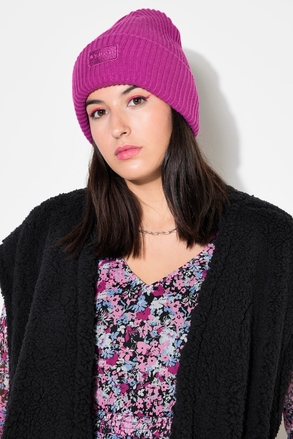 Beanie, Mütze, Rippstrick, Patch, Unisex