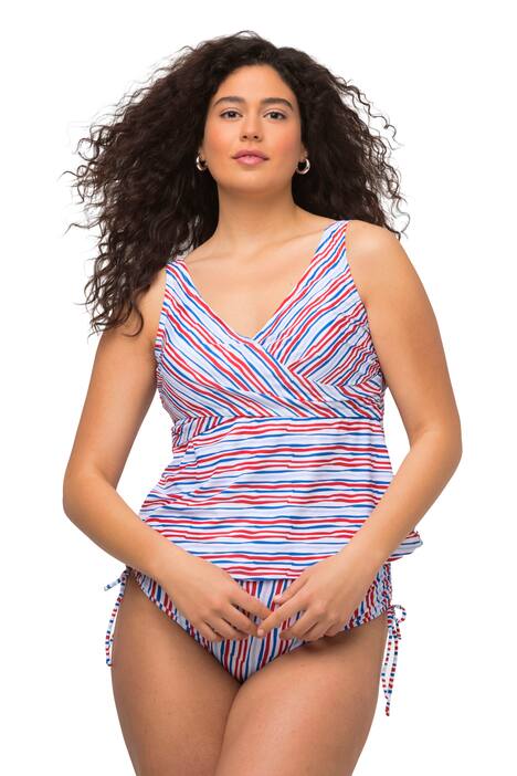 Tankiny, vlnité pruhy, měkké košíčky, zavinovací vzhled, recyklovaný materiál