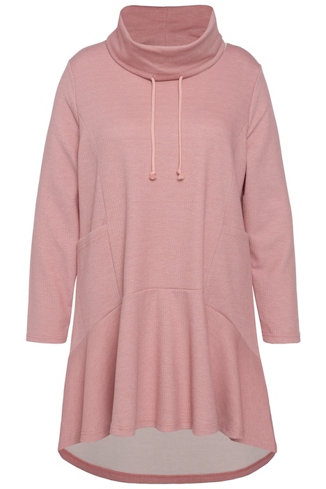 Dlouhý svetr, vzor rybích kostí, volánový lem, stojáček, dlouhé rukávy