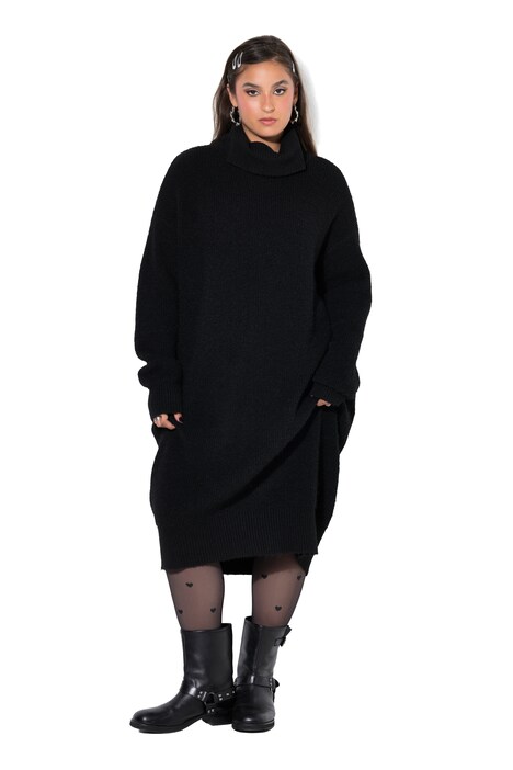 Úpletové mini šaty, oversize, rolákový límec, dlouhé rukávy