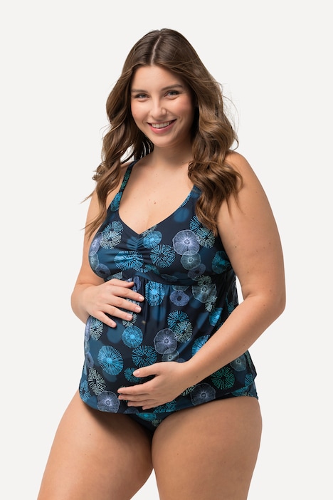 Graphic Floral Draped Front Blouson Tankini Set