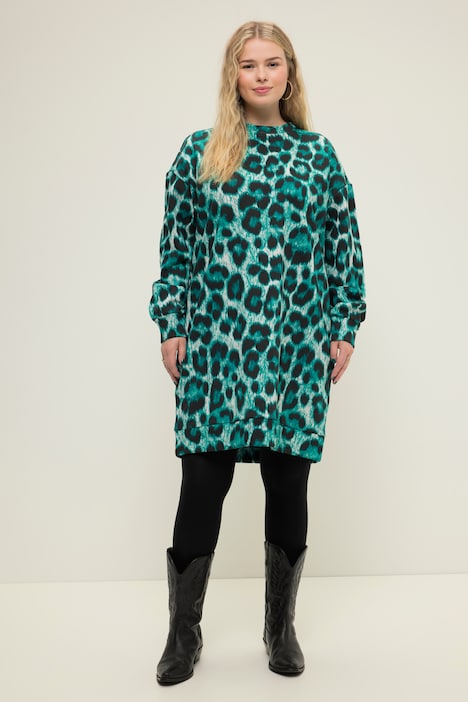 Sweat kjole, oversized, leopardprint, rund hals, lange ærmer