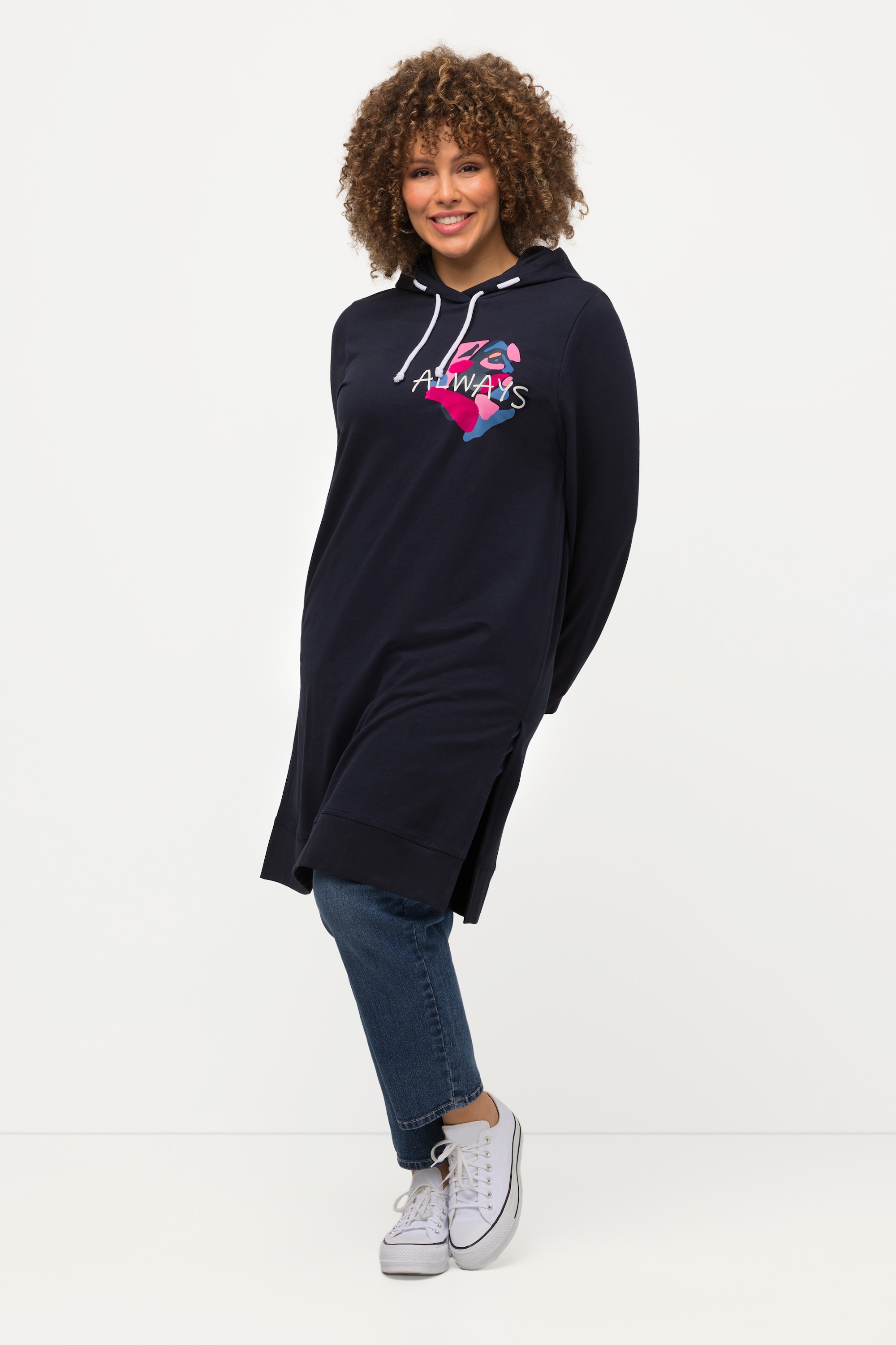 Ulla Popken Damen große Größen Long Hoodie Schriftmotiv Seitenschlitze