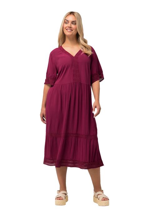 Tunikové midi šaty, krajka, A střih, výstřih do V, krátké rukávy