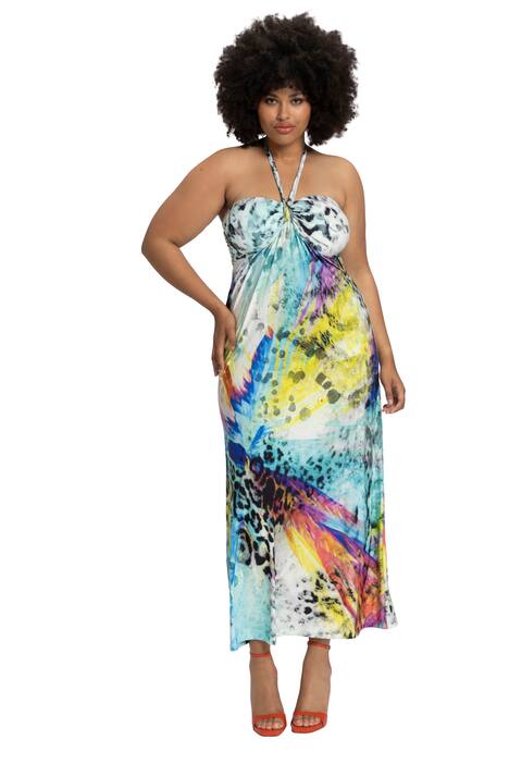 Maxi šaty, vázání za krk, plošný potisk, bez rukávů