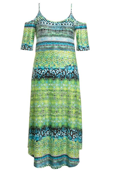 Midi šaty, odhalená ramena, plošný potisk, krátké rukávy, zaoblený lem