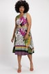 Vestido midi, aberturas, estampado de parches, escote en V, tirantes anchos