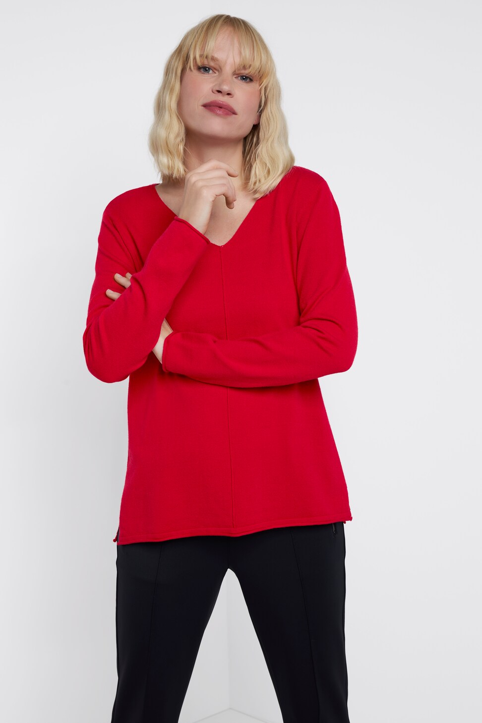 Maglione Donna A V In Maglia Fine: Maniche Lunghe, Antracite Mélange, Taglie 64/66 IT