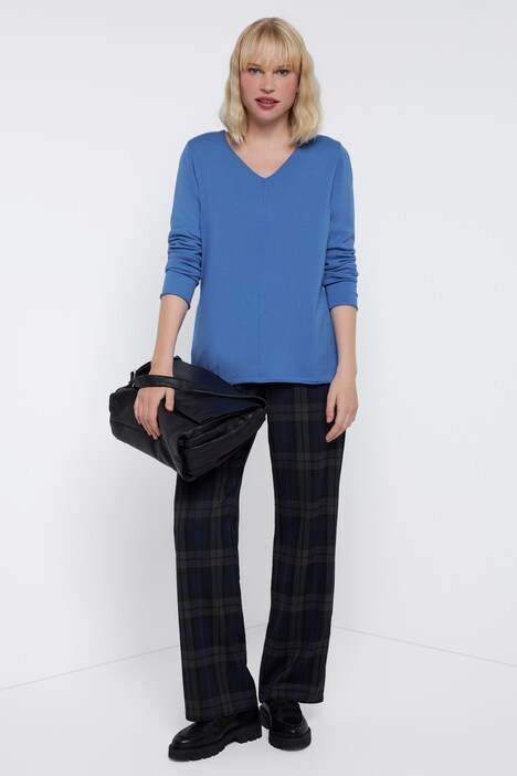 Pullover, V-Ausschnitt, Ziernaht, Langarm, Rollkanten