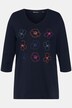 T-shirt, kwiaty, linia litery A, dekolt w szpic, rękaw 3/4