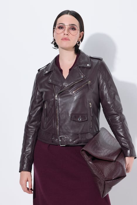 Lederjacke, Bikerstil, Reverskragen, Bindegürtel