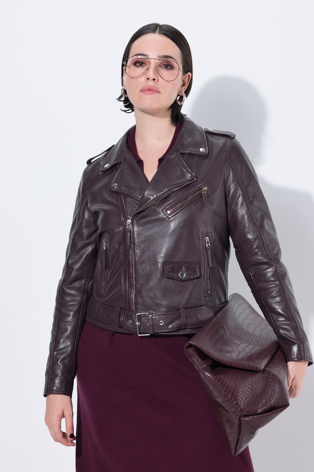 Lederjacke, Bikerstil, Reverskragen, Bindegürtel