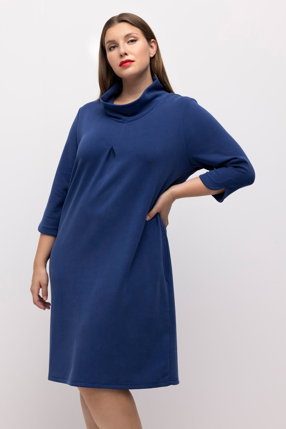 Ulla Popken Jerseykleid Paisley A-Linie Rundhals – Große Größen, Midilänge, Halbarm, Blau