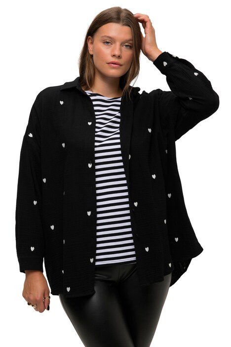 Košilová halenka, oversize, mušelín, výšivka srdce, límeček, dlouhé rukávy