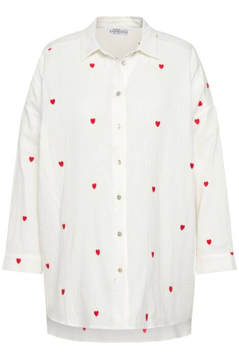 Košilová halenka, oversize, mušelín, výšivka srdce, límeček, dlouhé rukávy