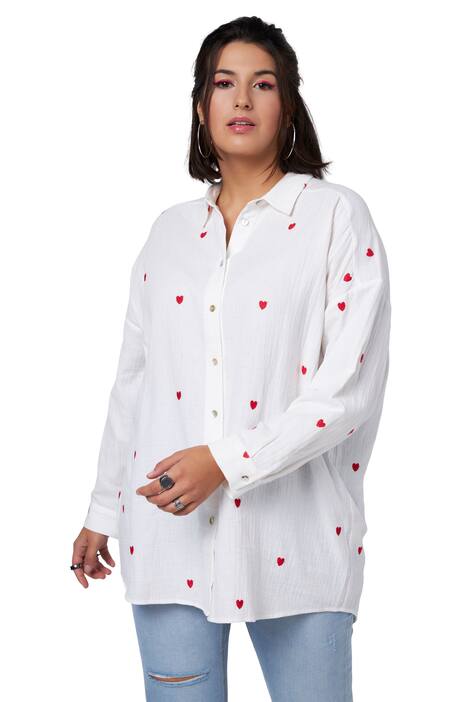 Košilová halenka, oversize, mušelín, výšivka srdce, límeček, dlouhé rukávy