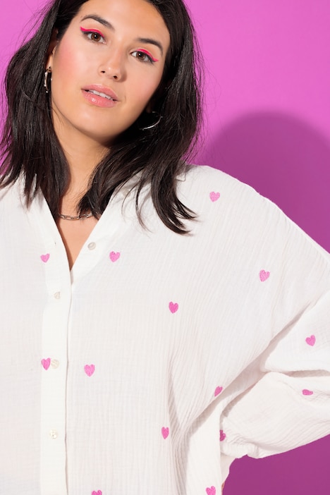 Oversized Embroidered Long Sleeve Button Front Shirt