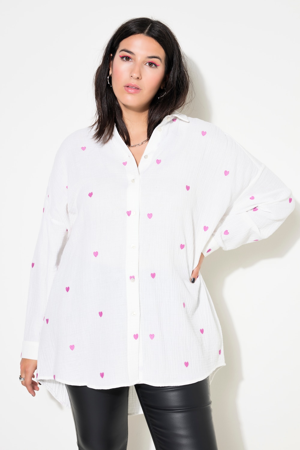 Hemdbluse, oversized, Musselin, Hearts-Stickerei