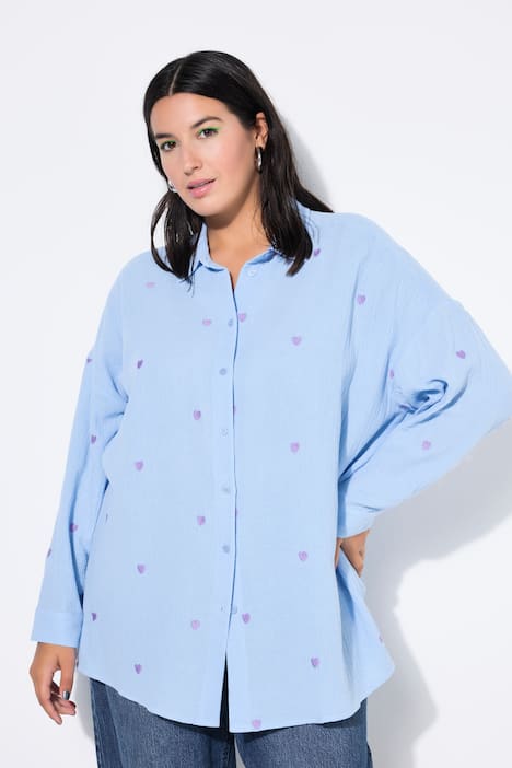 Hemdbluse, oversized, Musselin, Hearts-Stickerei